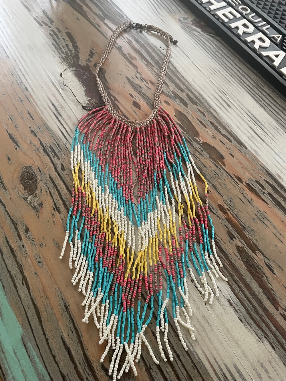 Handcrafted BoHo Beaded Fringe Necklace in Turquoise, Red & Yellow